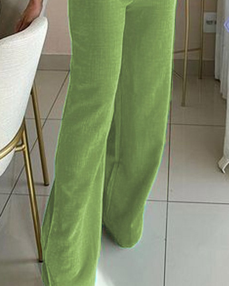 Solid Color Waistcoat Hollow Top & High Waist Wide Leg Pants Two-piece Set