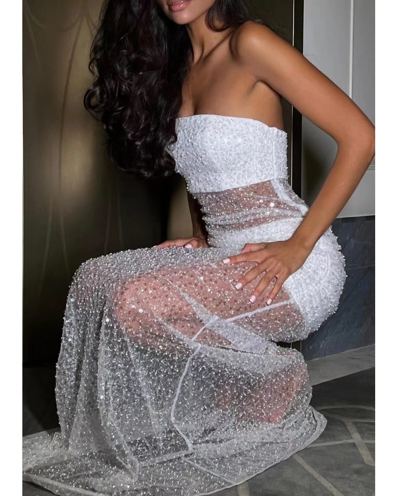 Sexy strapless see-through beaded dress