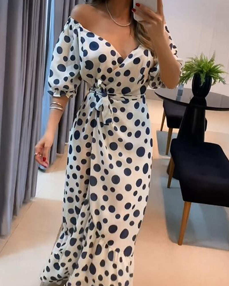 Sexy polka-dot lace-up V-neck dress