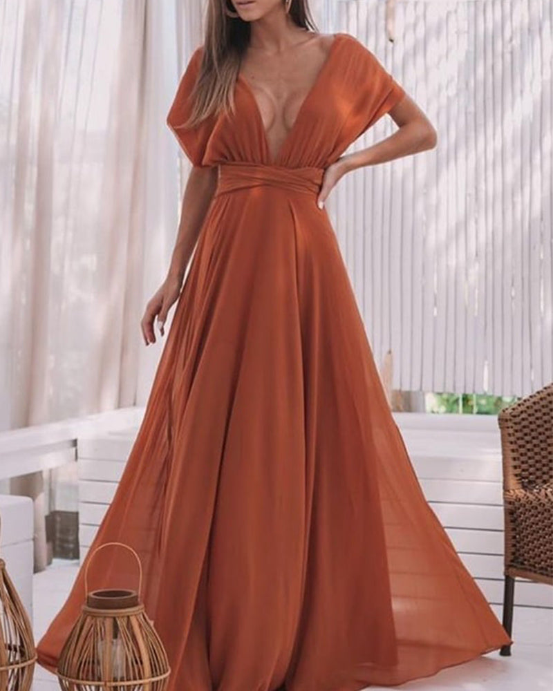 Sexy deep V vacation style solid color dress