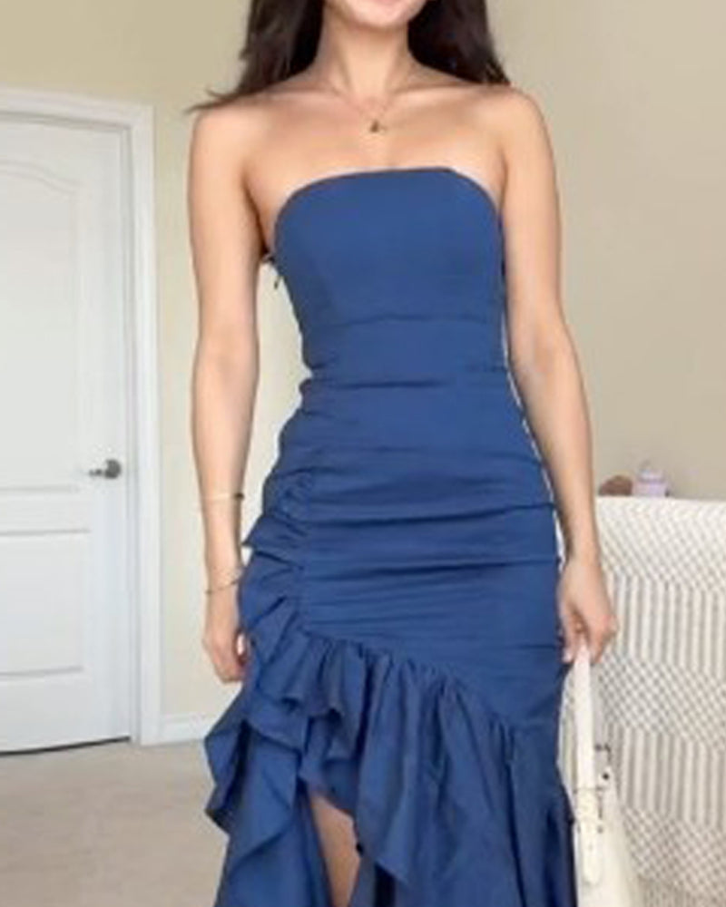 Strapless solid color slit ruffle dress