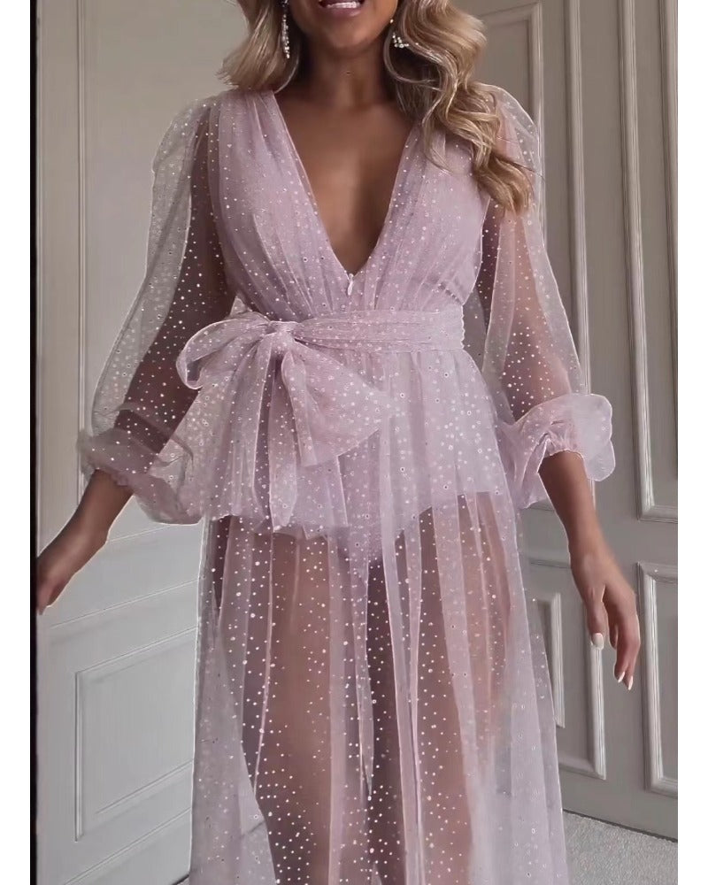 Sexy deep V see-through sleeve dress