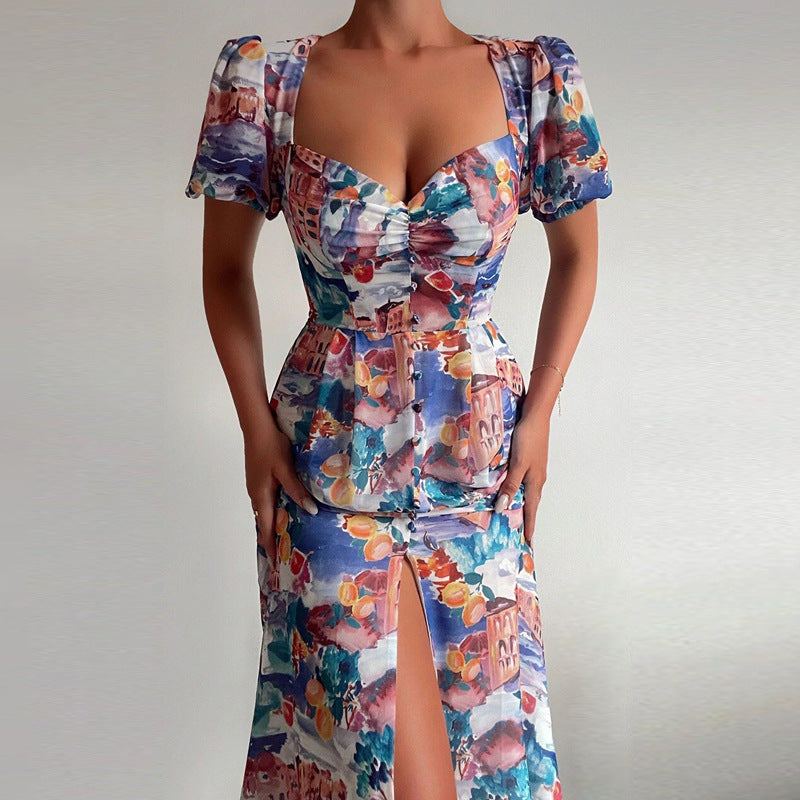 Spring women's floral print short-sleeved dress