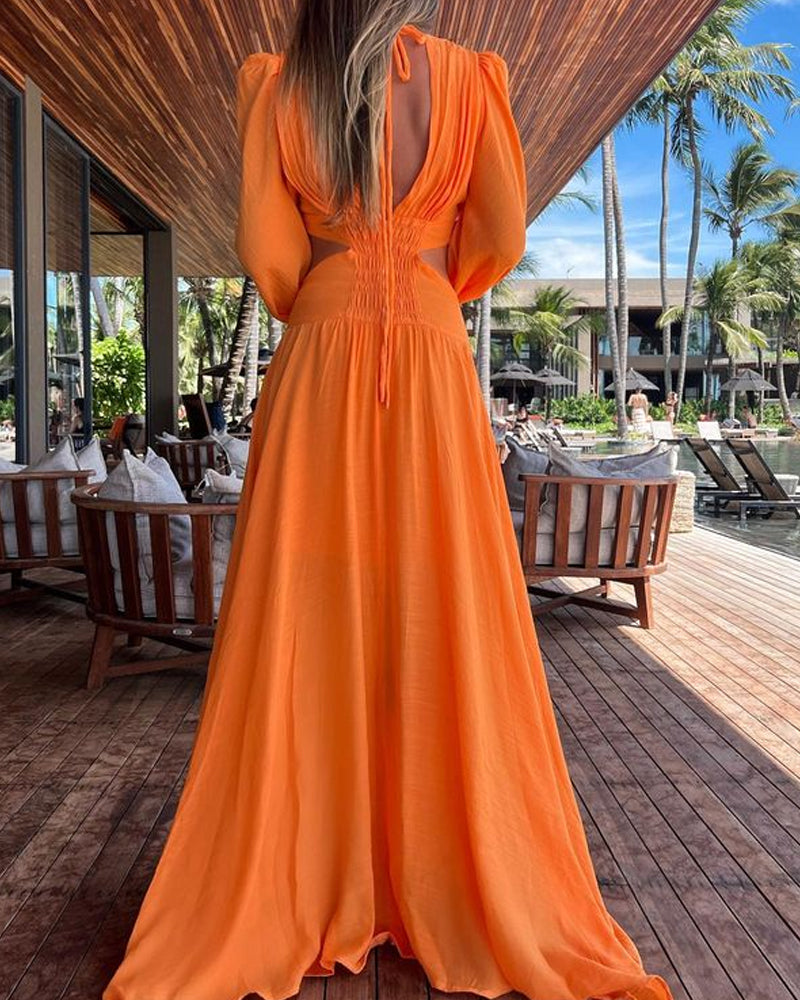 Solid color cut-out waist sexy princess sleeve dress