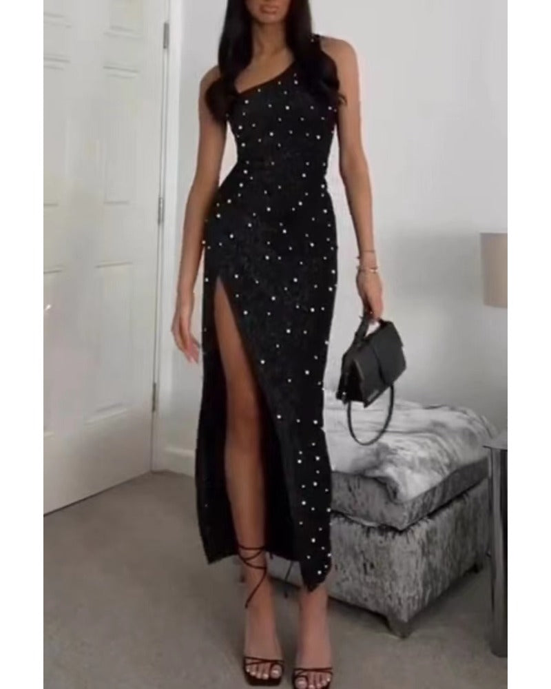 Sexy diagonal shoulder polka dot split dress