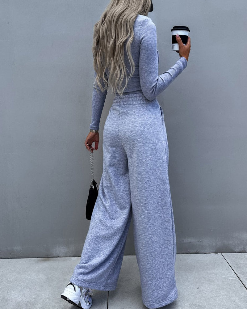 Solid Color Knit Sports Style Casual Two-piece Suit