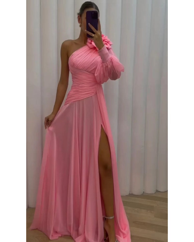 Sexy diagonal shoulder rose pink dress