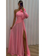 Sexy diagonal shoulder rose pink dress