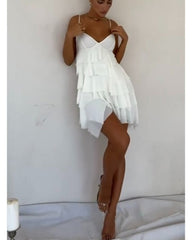 White deep V pleated short skirt