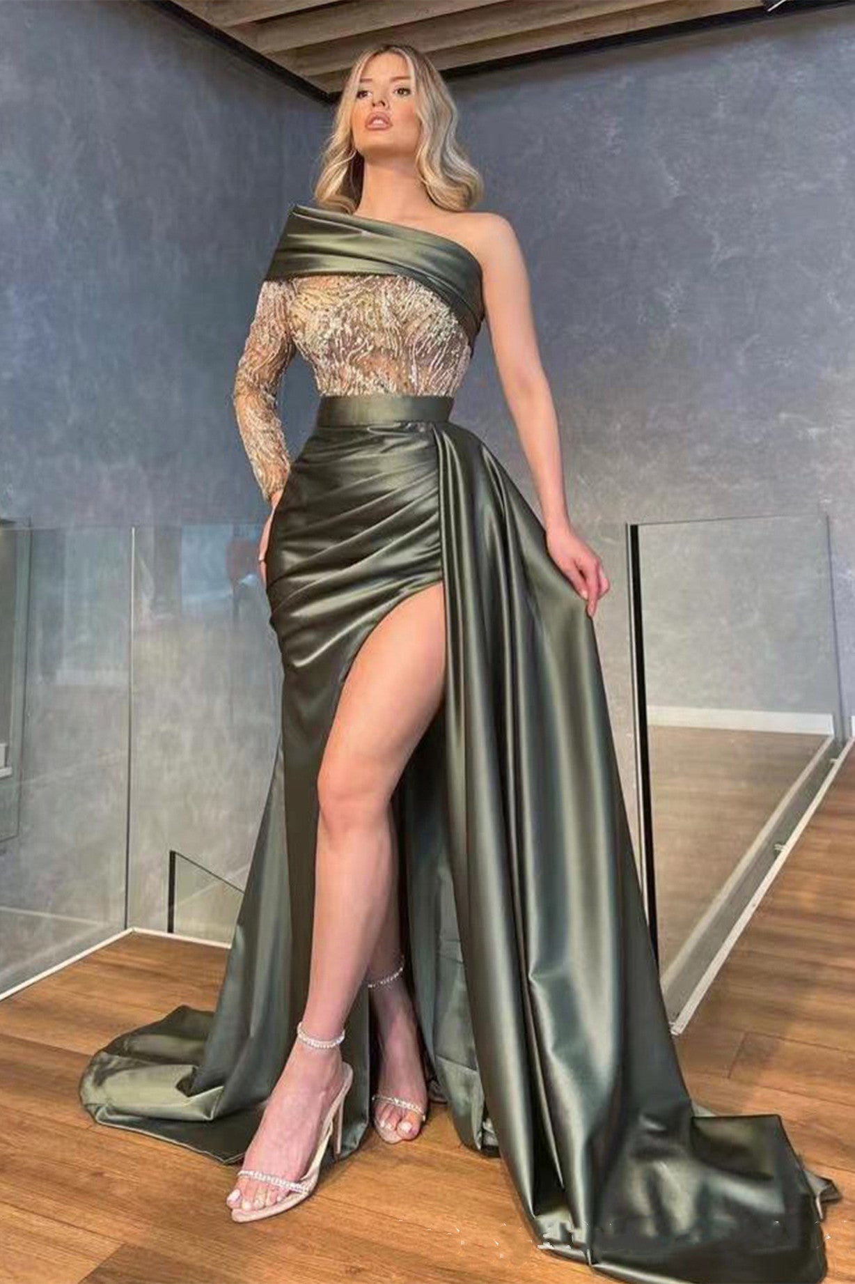 Gorgeous Long Sleeves One Shoulder Prom Dress Mermaid With Slit Beadings