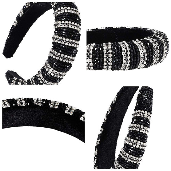 Rhinestone Headbands for Women Fashionable Jeweled Handmade Wide Hair Hoops Beaded Bling HairBand Hair Accessories for Women Girls Party Supplies（Black and White Crystal)