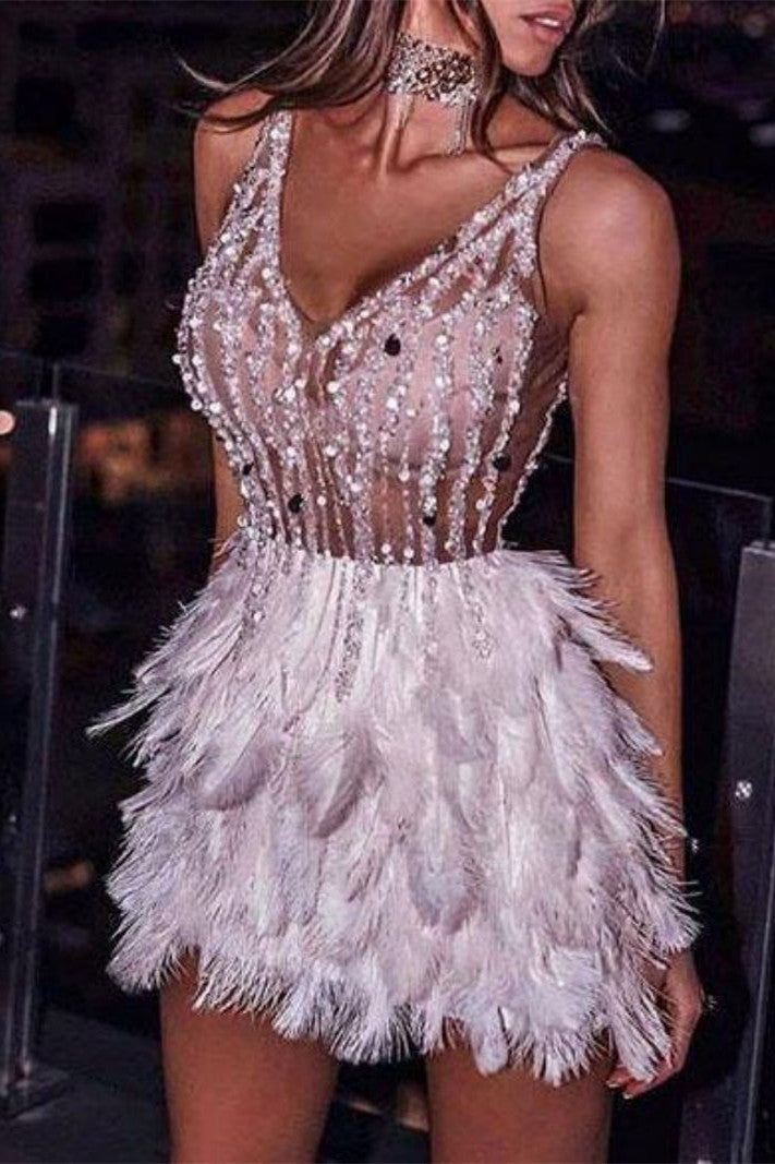 Feather Sequined Split-Joint Mini Dress