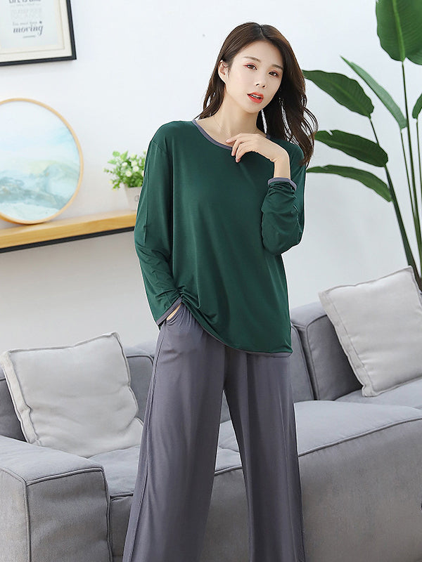 Two Pieces Loose Split-Joint T-Shirt And Wide Leg Pants Pajamas