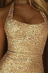 Gold Halter Slit Sequin Sexy Party  Mini Dress