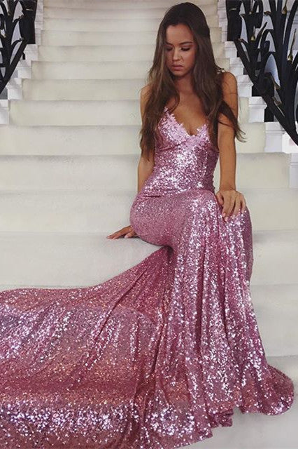 Sexy Straps Mermaid Long Sequins Prom Dress Evening Dress