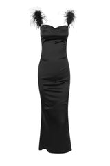 Fur Strap Black Satin Maxi Slip Dress
