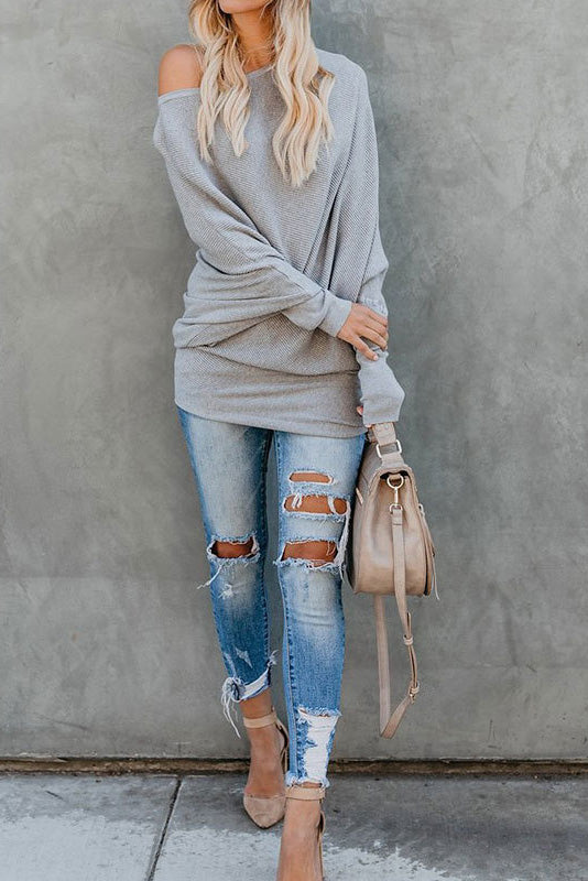 Doll Sleeve Knit Crew Neck Loose Sweater