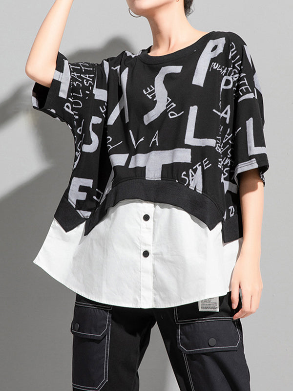 Letter Print Stitching Loose Casual T-Shirt