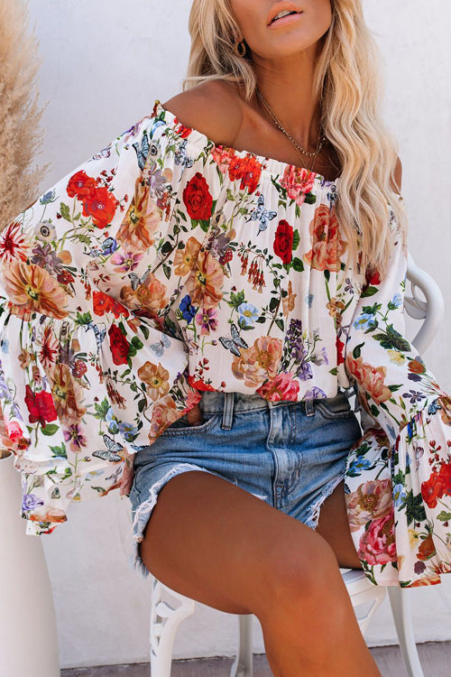 Loretta Floral Print Off Shoulder Long Sleeve Top