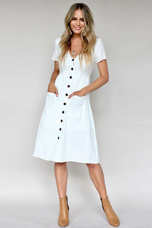 Button-Up Pocket Short Sleeve Dress - 6 Colors