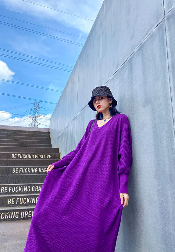 Knitted Loose V-Neck Long Sleeve Solid Color Midi Sweater Dress