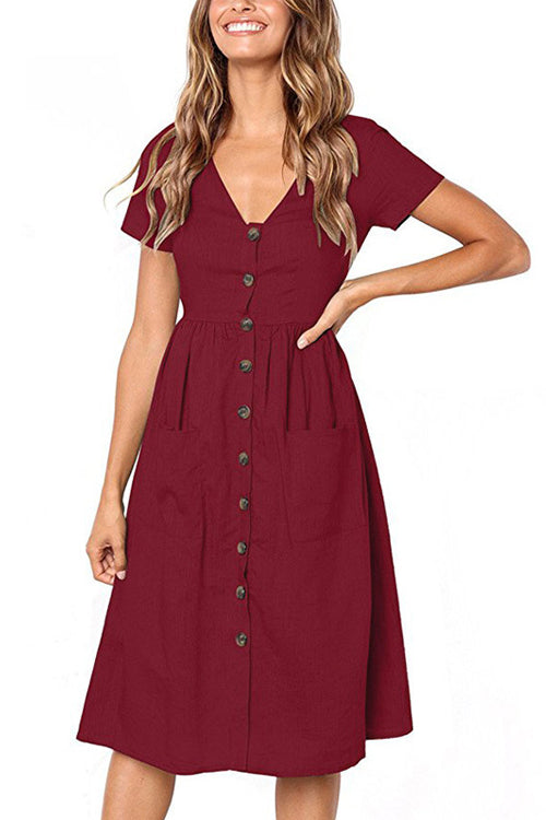 Button-Up Pocket Short Sleeve Dress - 6 Colors