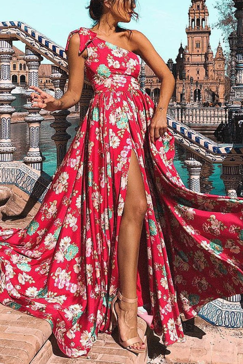 One Shoulder Sleeveless Women Summer Floral Maxi Dress