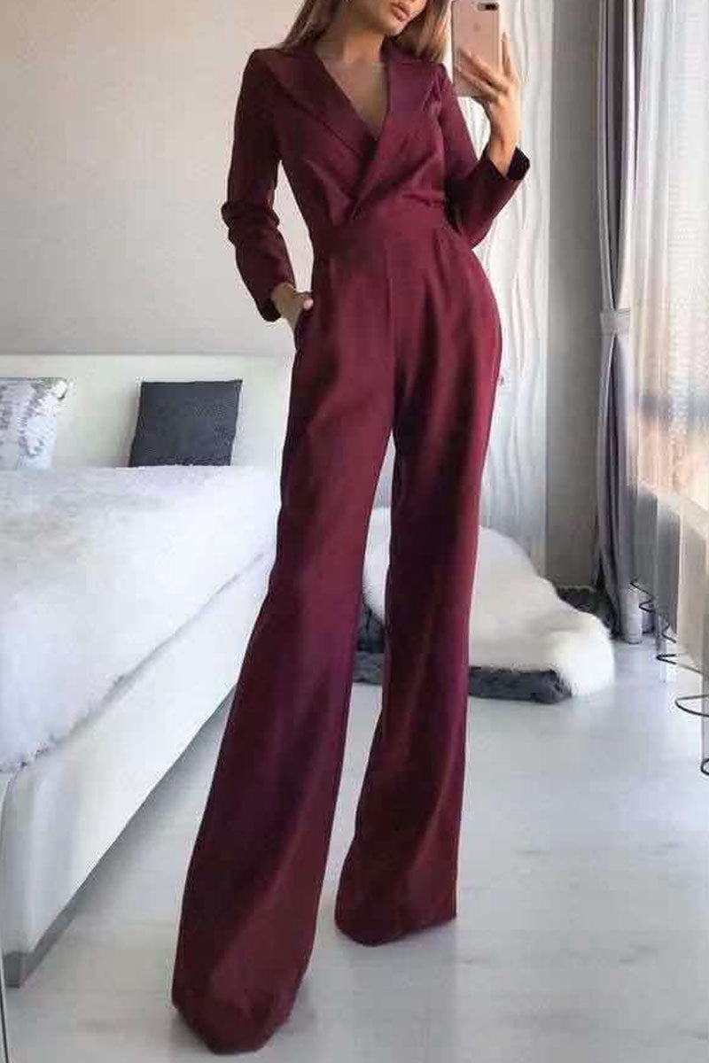 Fashion Casual Solid Patchwork V Neck Loose Jumpsuits