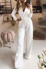 Fashion Casual Solid Patchwork V Neck Loose Jumpsuits