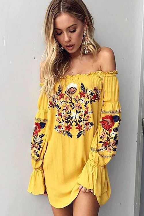 Off the Shoulder Floral Embroidered Dress