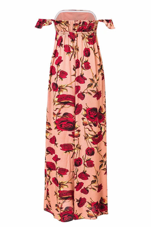 Strawberry Ruffle Shoulder Vacation Maxi Dress