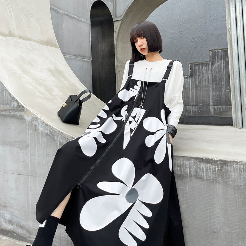 Printed Flowers Zipper Suspender Midi Dress