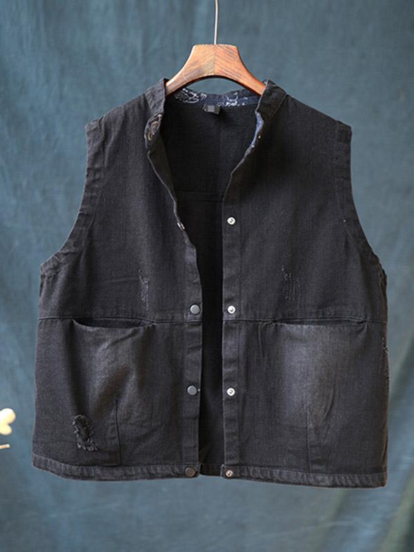 Vintage Stand Collar Sleeveless Jean Vest Coat