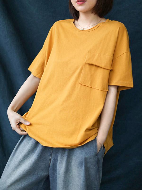 Loose Solid Casual Cropped Round Neck T-Shirt