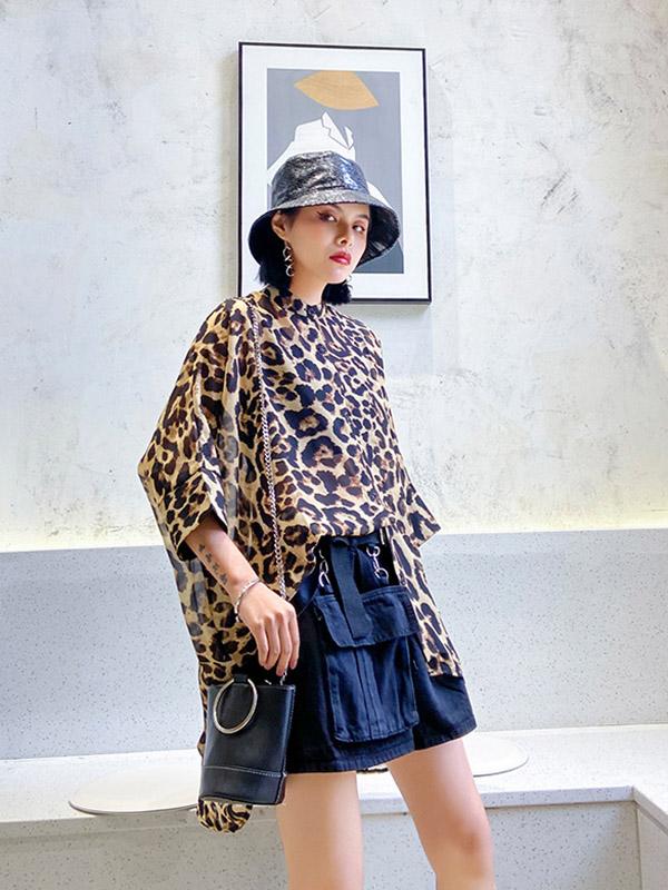 Leopard Print High-Low Roomy Stand Collar Shirt