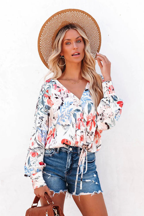 Right Place Floral Print Drawstring Top