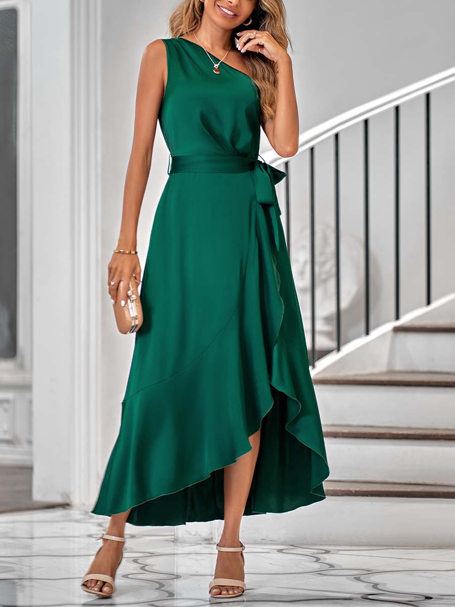 Vorioal Oblique Shoulder Green Dress