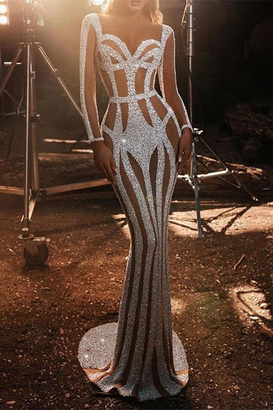 Sexy Slim V-Neck Long Sleeve Contrast Color Sequined Wrap Maxi Dress