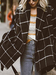 Lace-Up Check Color-Block Woolen Coat