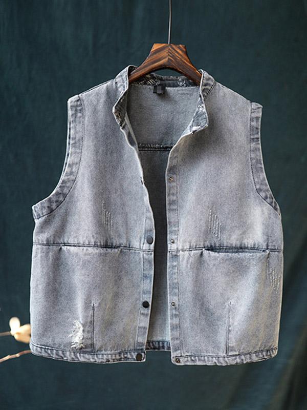 Vintage Stand Collar Sleeveless Jean Vest Coat