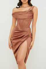 One-shoulder Paneled Irregular Brown Dress