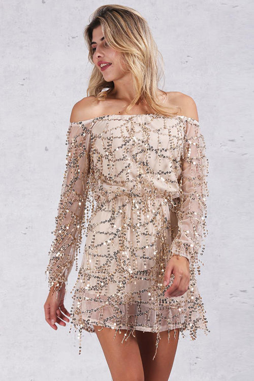 Off the Shoulder Sequin Tassel Mini Dress