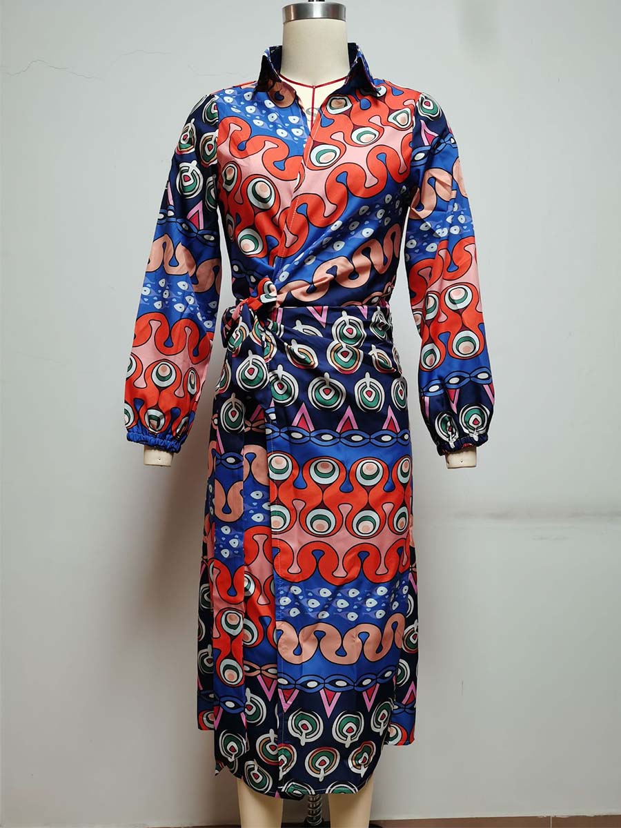 Vorioal Lantern Sleeve Lapel Dress