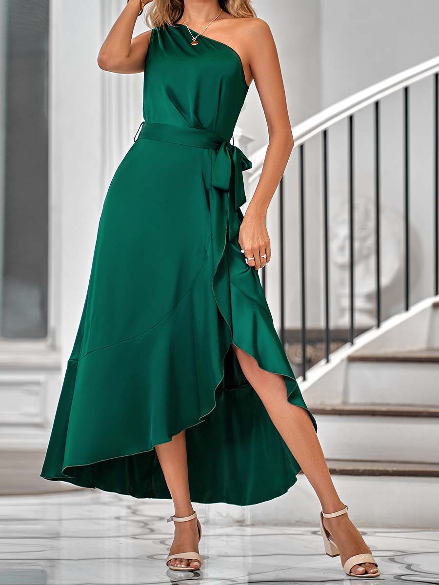 Vorioal Oblique Shoulder Green Dress