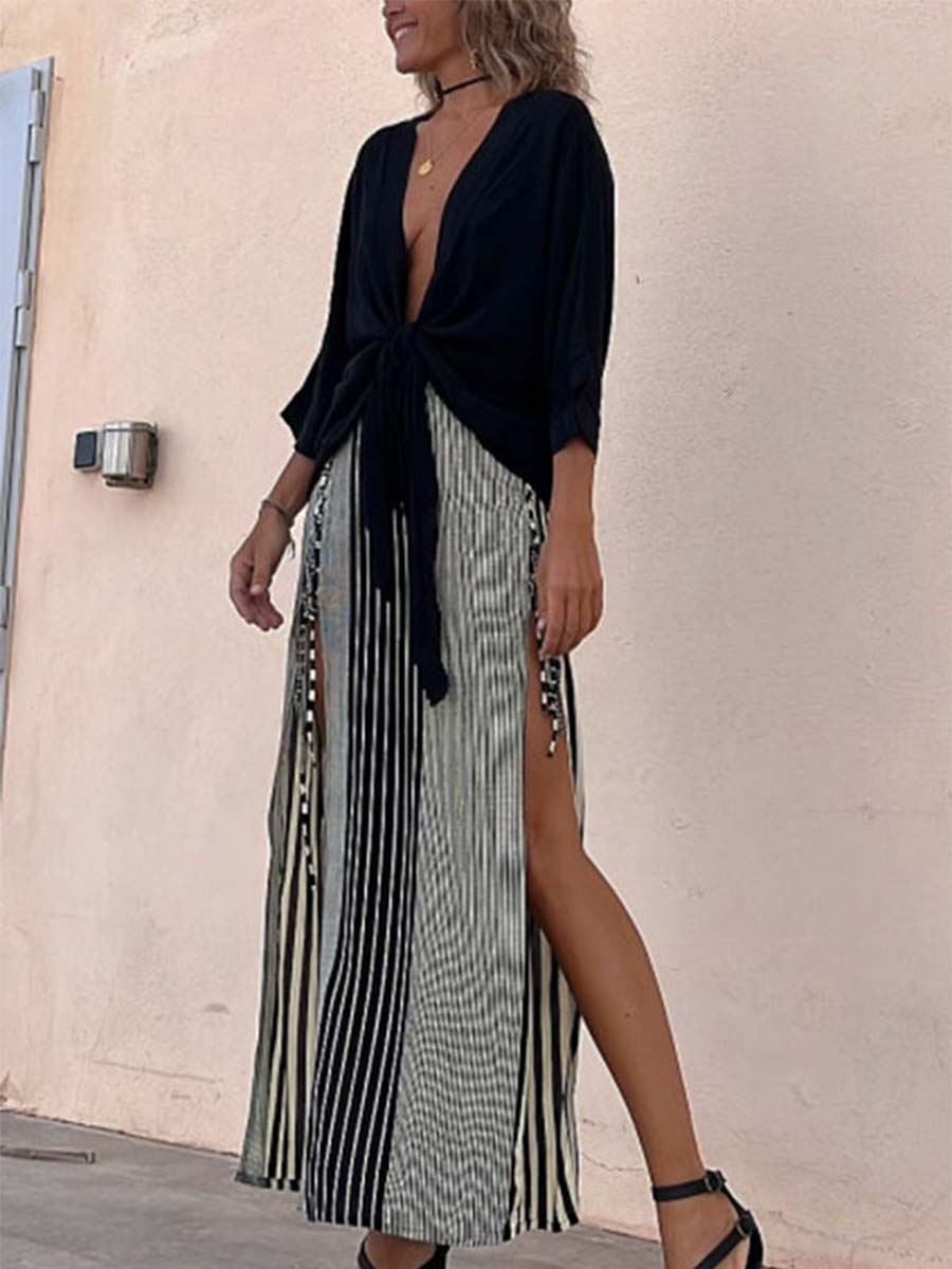 Vorioal Striped Split Skirt+Tops