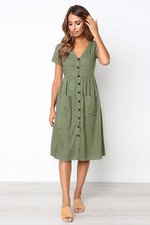 Button-Up Pocket Short Sleeve Dress - 6 Colors