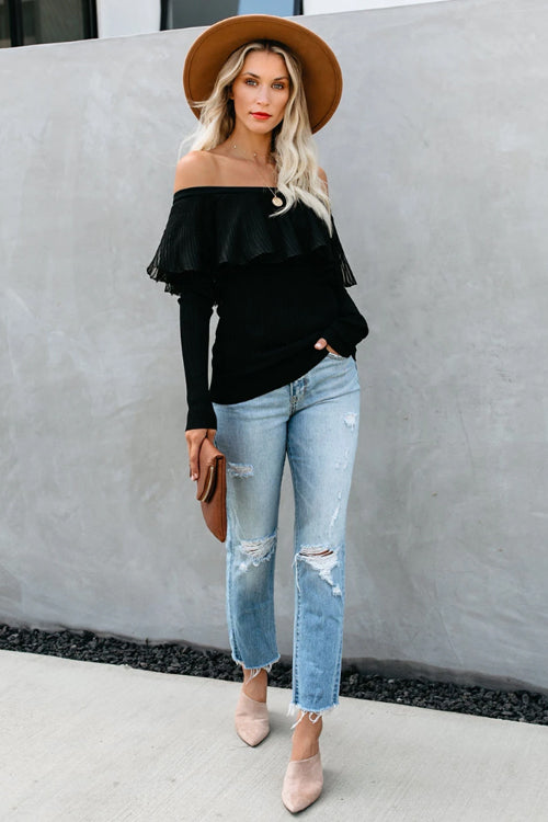 Romance Forever Chiffon Off Shoulder Knit Top