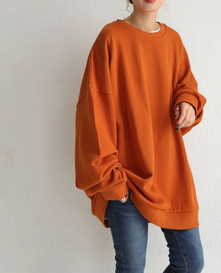 Casual Solid Color Round-Neck Long Sweatshirt