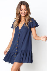 Button-up V-neck Ruffle Mini Dress - 4 Colors