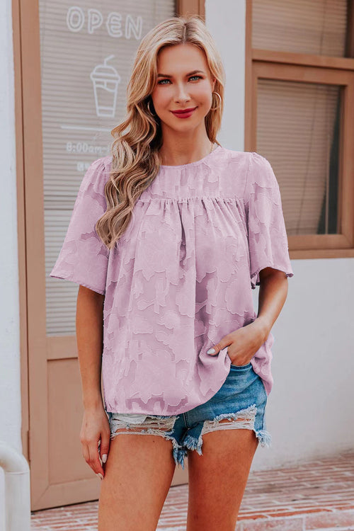 Mind On Sunshine Floral Jacquard Short Sleeve Top - 6 Colors